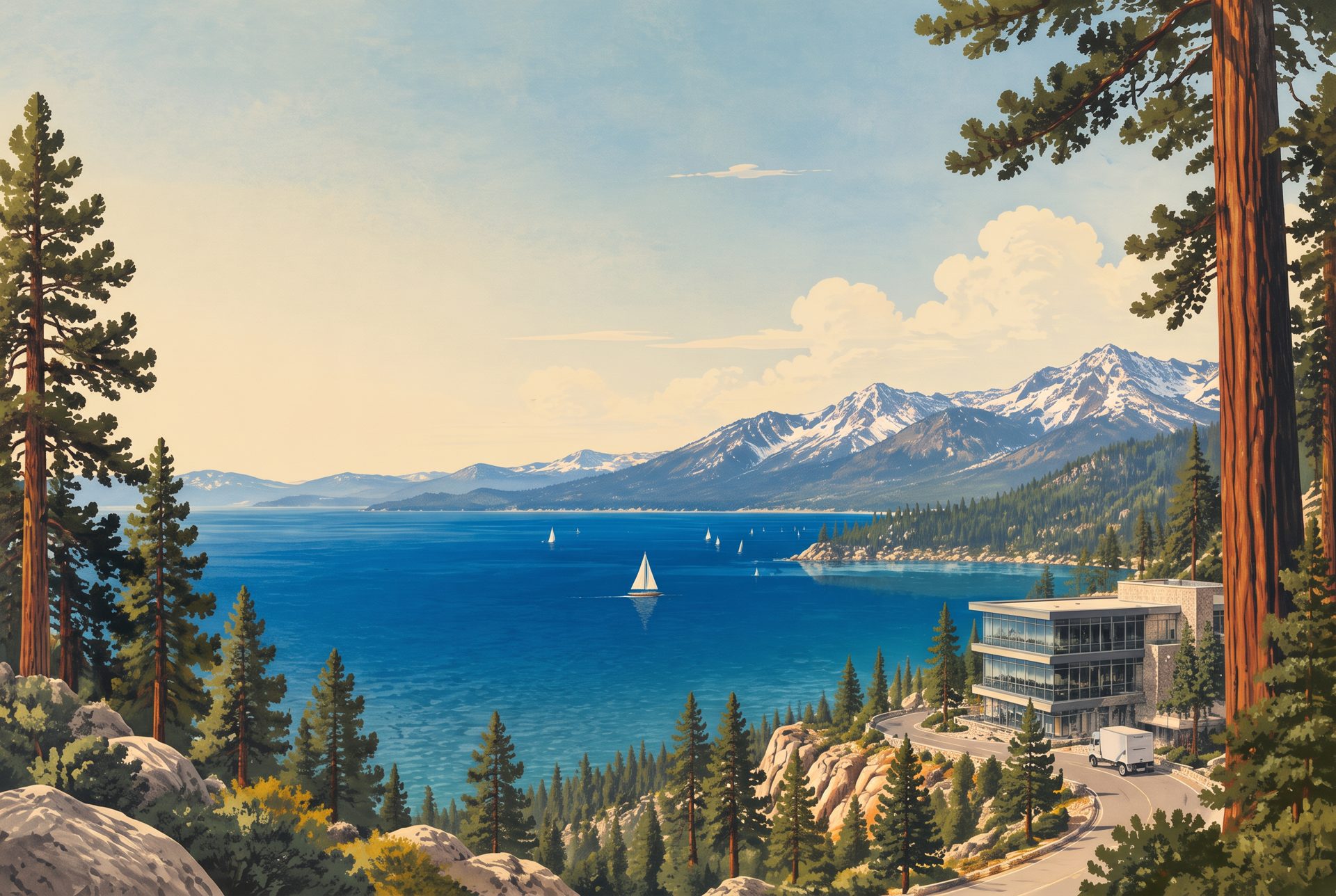 Illustration of Lake Tahoe from Incline Village, with a lakeside office and delivery truck on the shore road